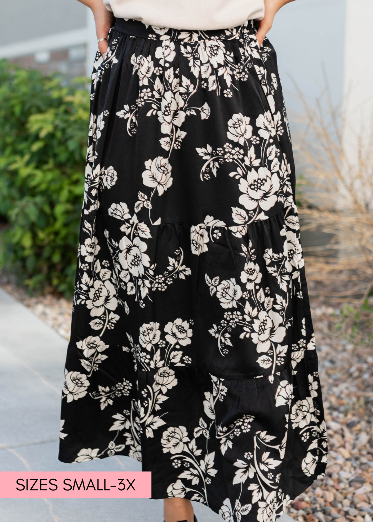 Black floral skirt with ivory flowers