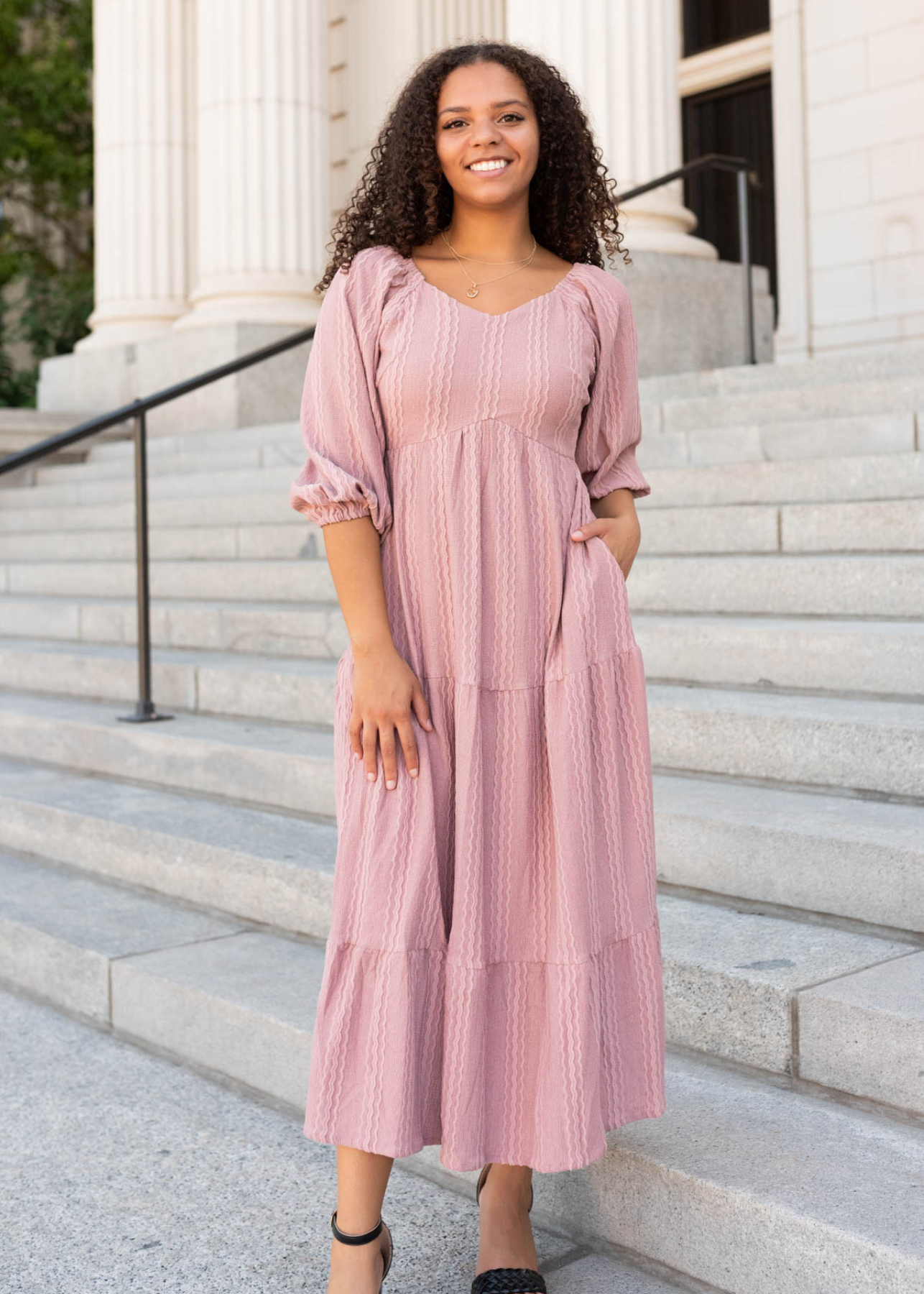 Short sleeve dusty mauve textured dress