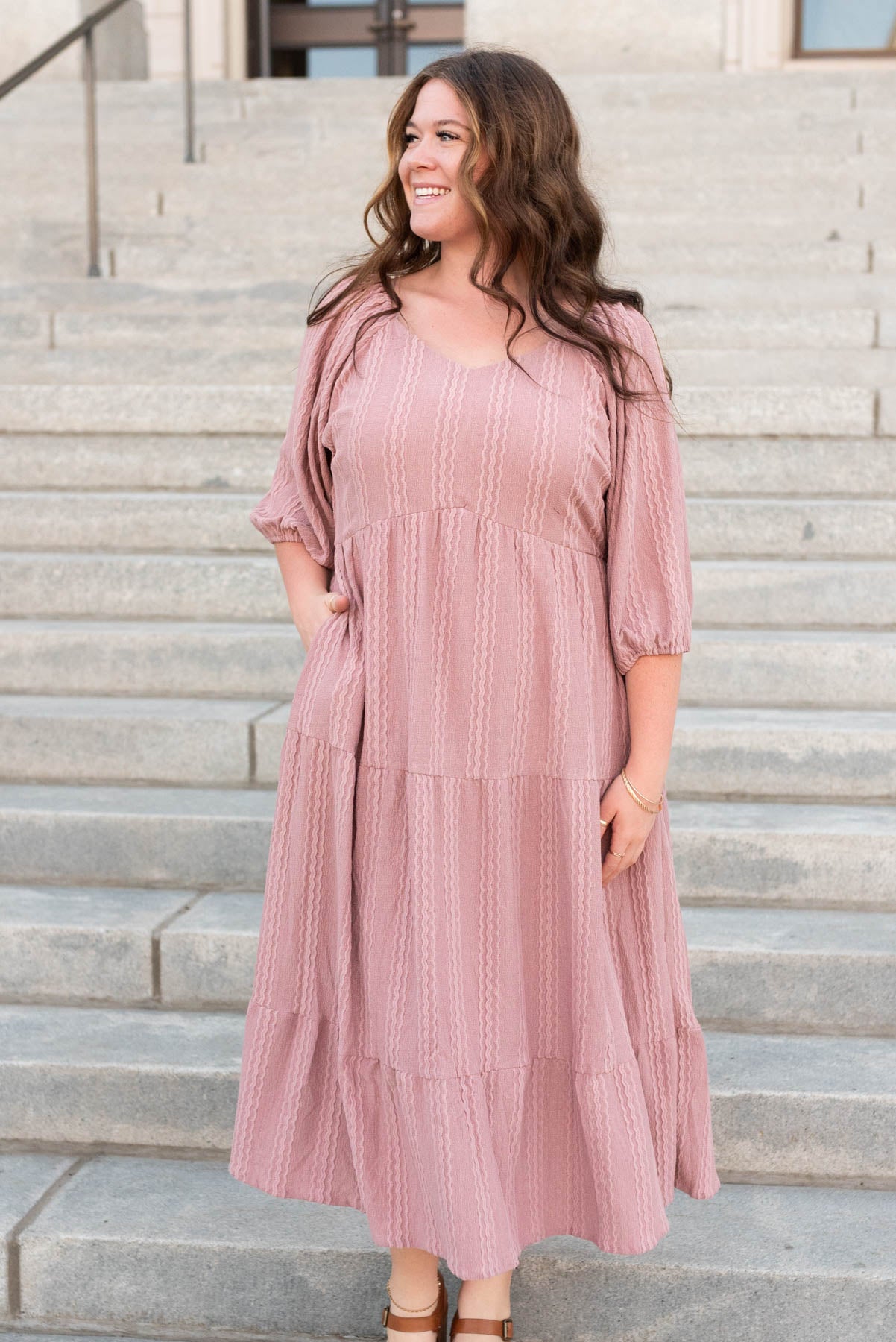 Plus size dusty mavue textured dress with v-neck