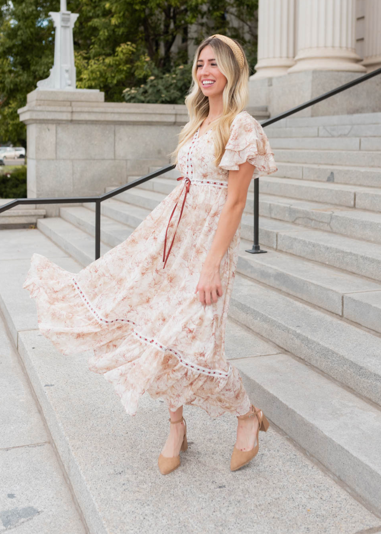 Burgundy floral lace dress with ribbon and lace detail