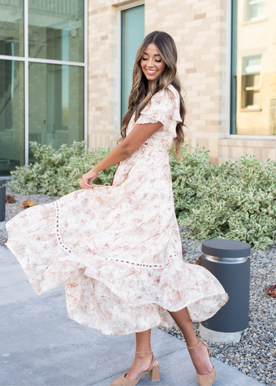 Burgundy floral lace dress with rubbon detail on the skirt