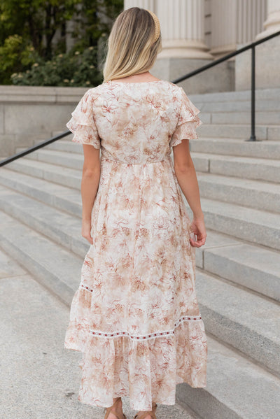 Back view of the burgundy floral lace dress