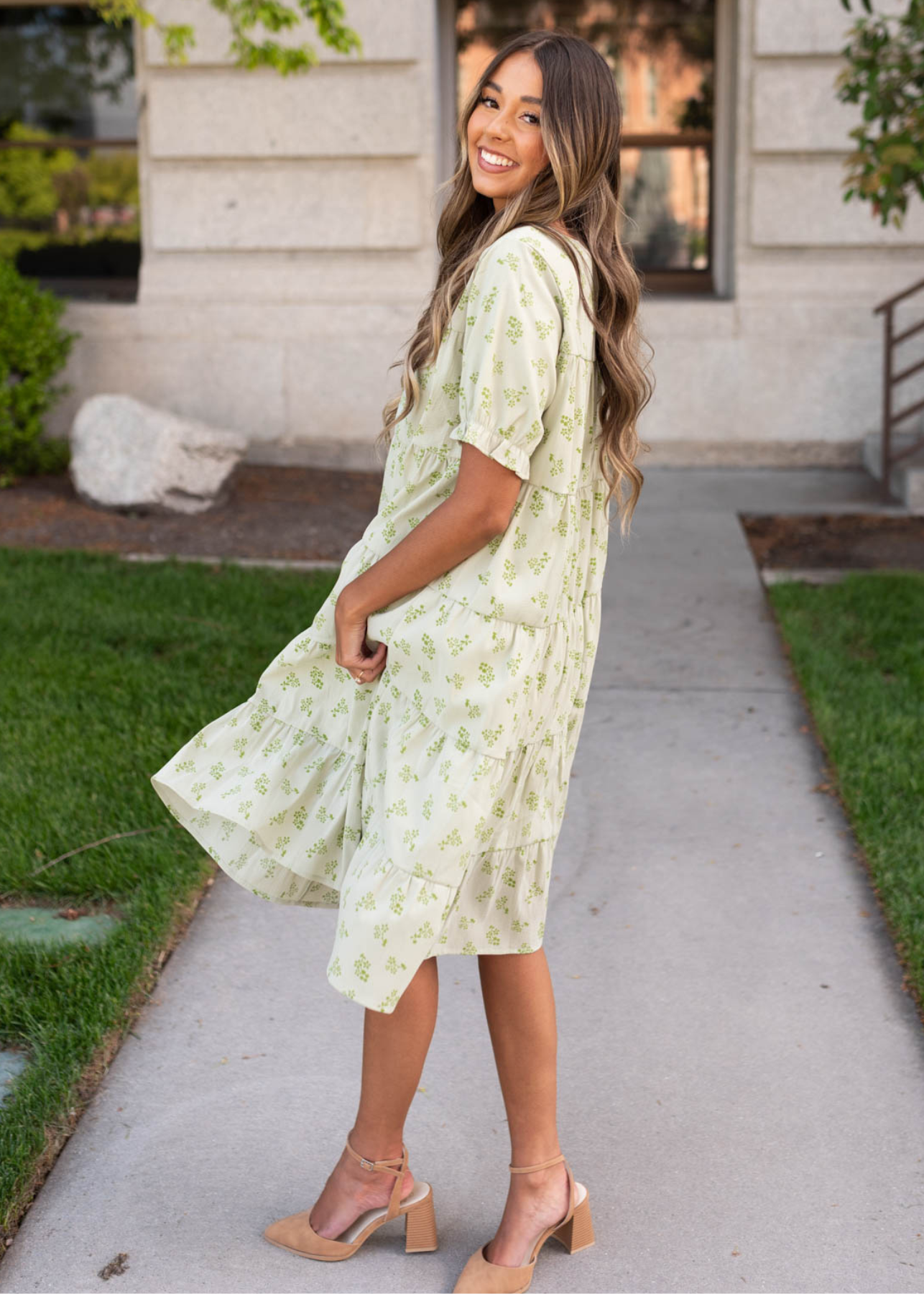 Side view of the green tiered dress