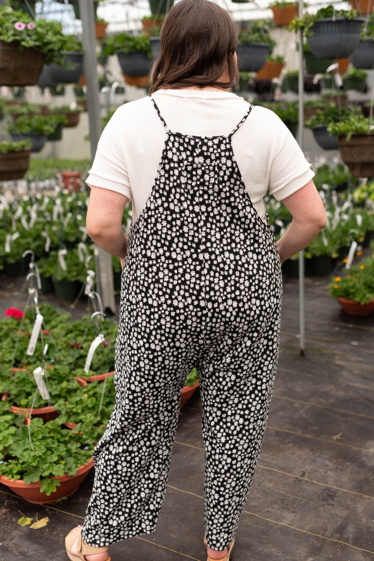 Plus size black floral overalls