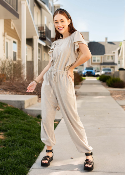 Taupe drawstring jumpsuit with pockets