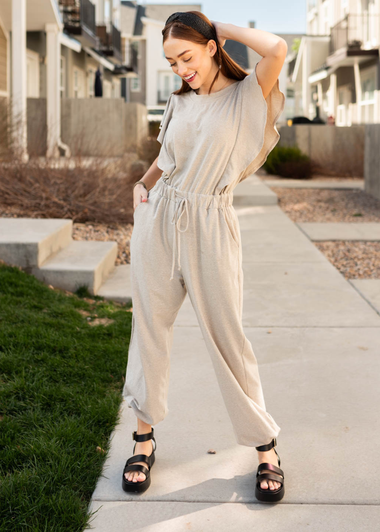 Ruffle sleeve taupe drawstring jumpsuit