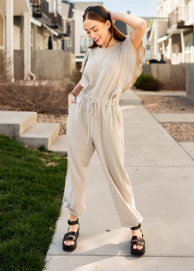 Ruffle sleeve taupe drawstring jumpsuit