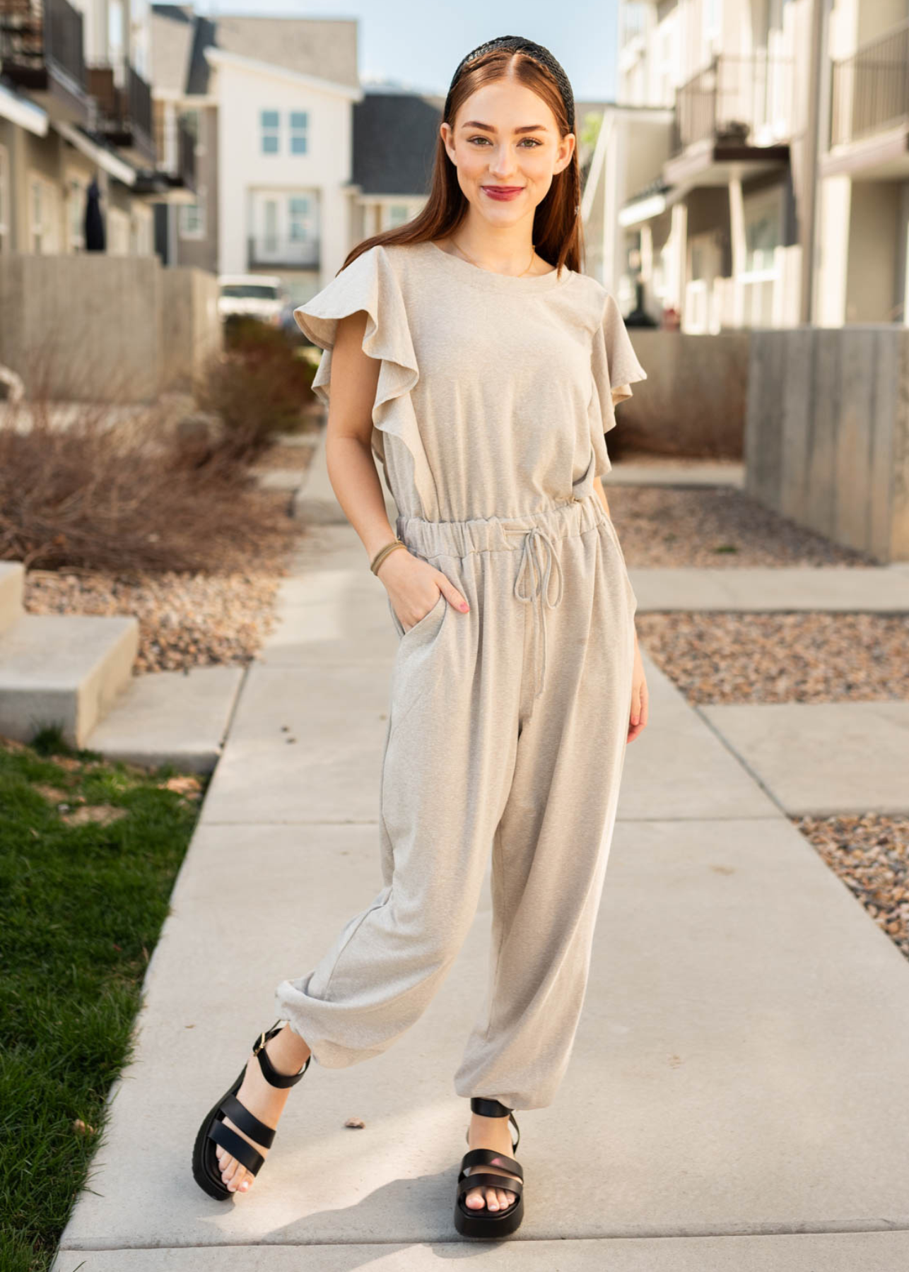 Taupe drawstring jumpsuit