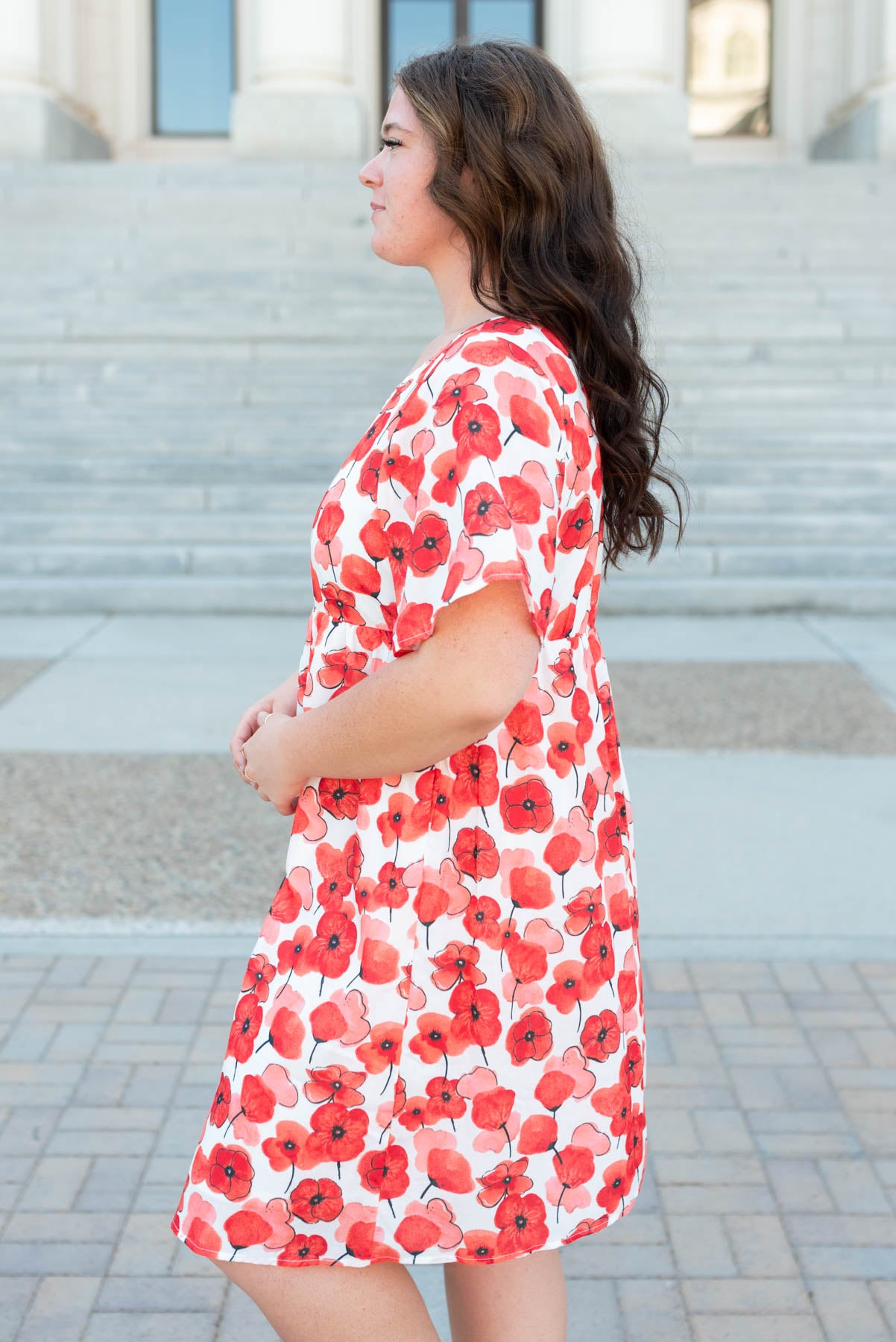 Side view of the plus size poppi flower dress