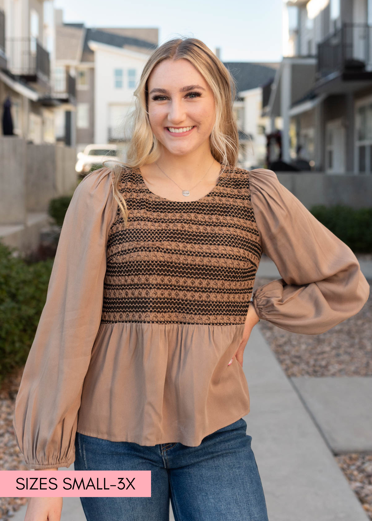 Crochet bodice on the mocha crochet stripe top