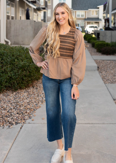 Mocha crochet stripe top with long sleeves