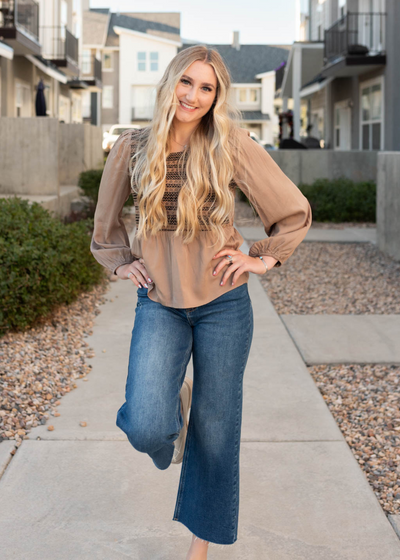 Long sleeve mocha crochet stripe top