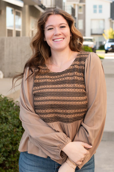 Crochet bust on the mocha crochet stripe top