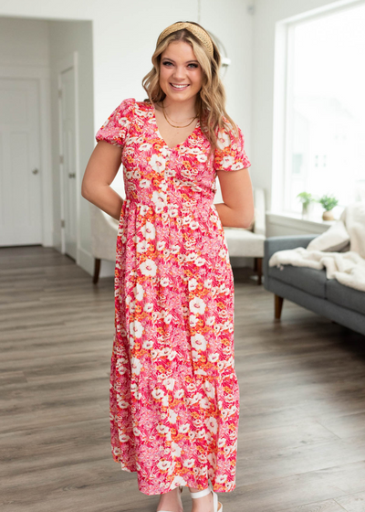 Fuchsia floral dress with a v-neck