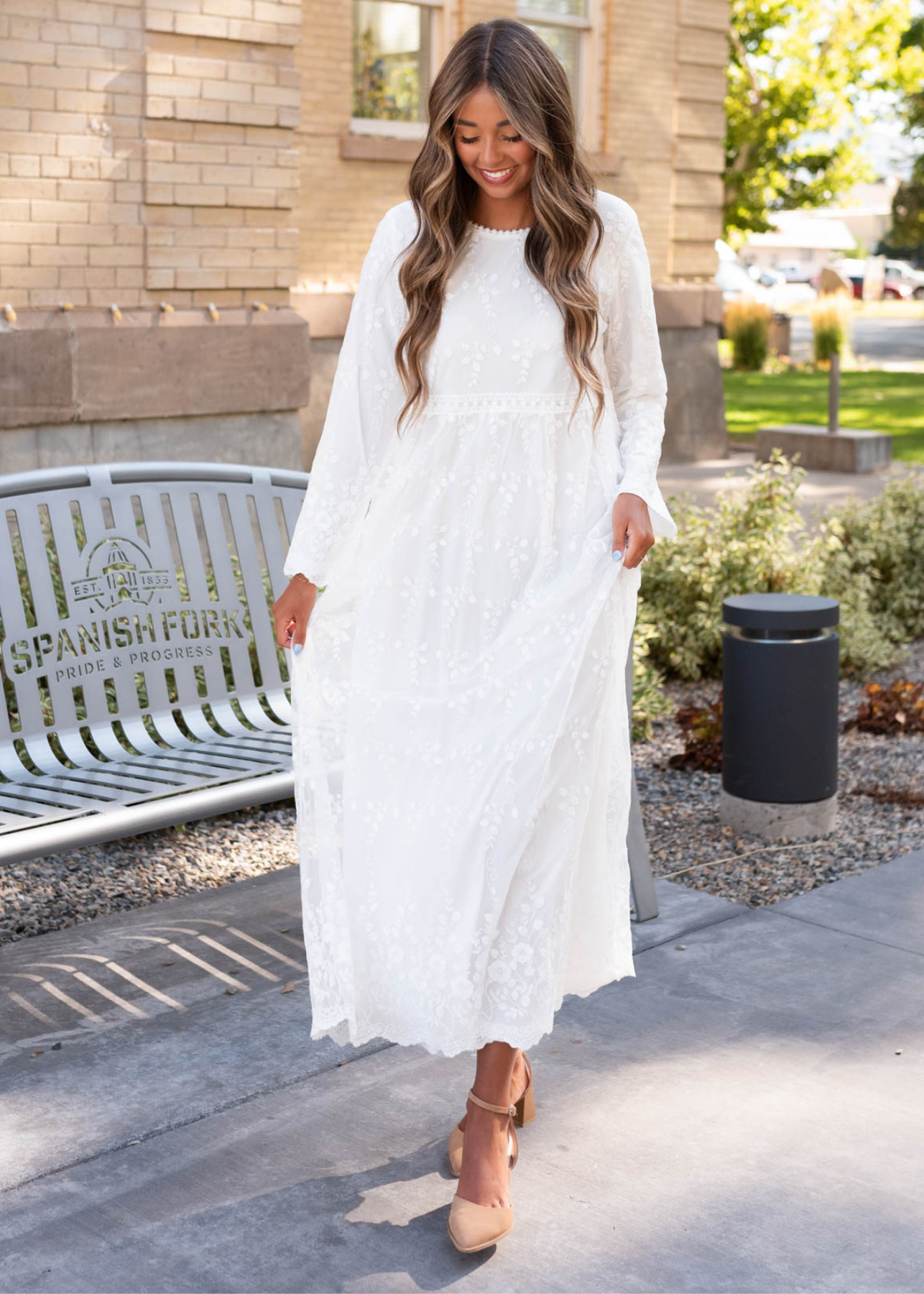 White floral maxi dress with scalloped hem