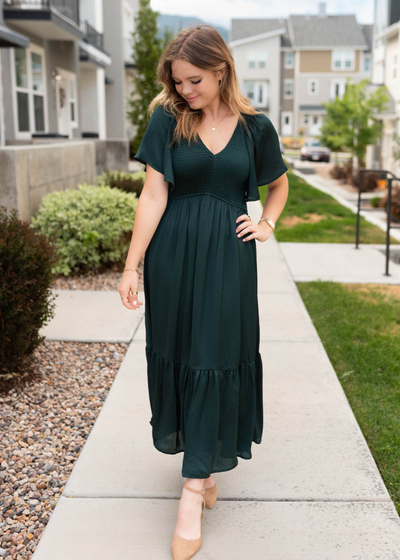 V-neck emerald satin dress