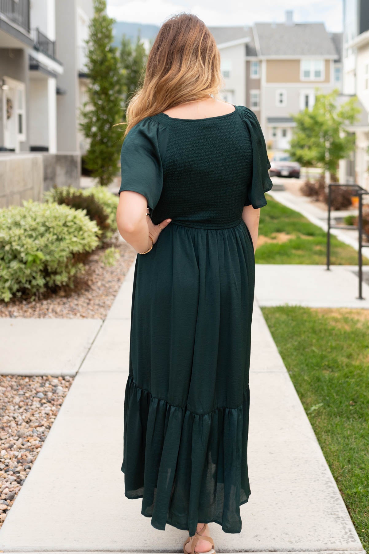 Back view of the emerald satin dress