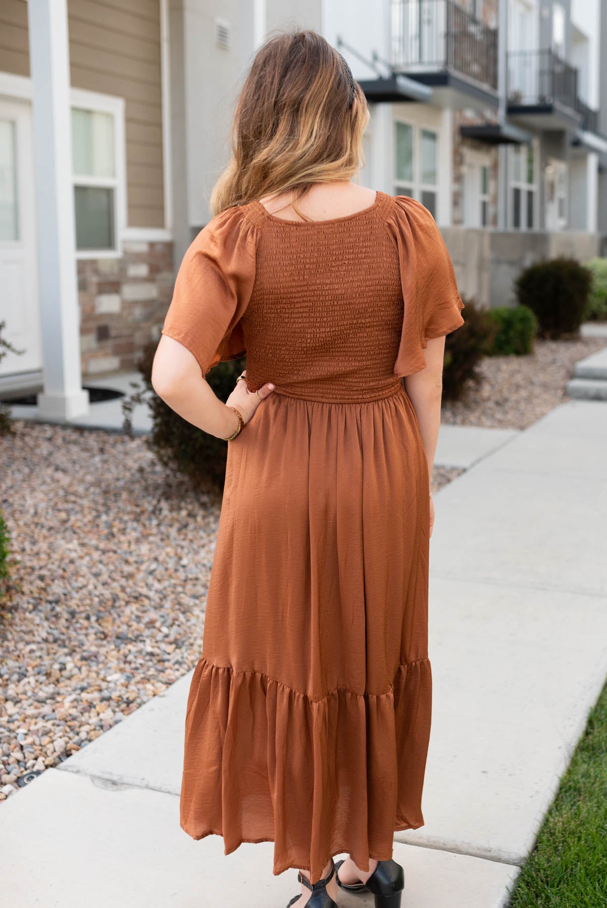 Back view of the sepia satin dress