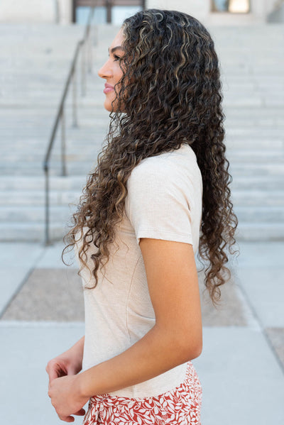 Side view of the oatmeal ribbed top