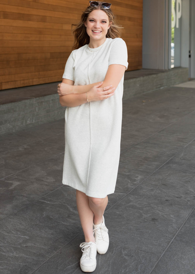 Heather grey knit dress with short sleeves