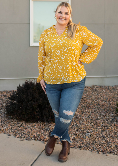 Long sleeve plus size mustard ruffle blouse