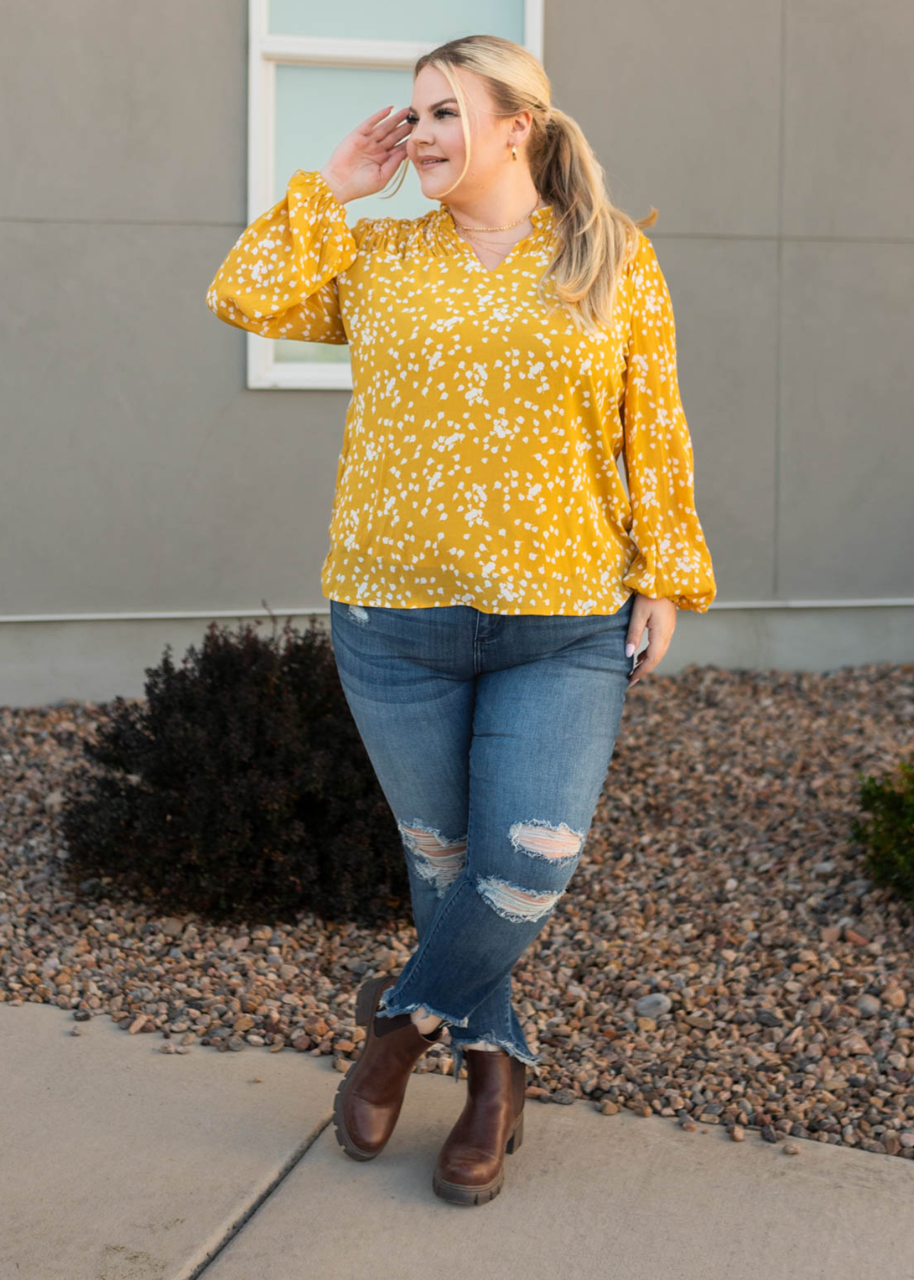 Plus size mustard ruffle blouse