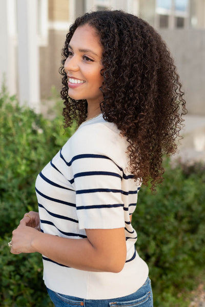 Side view of the navy stripe top