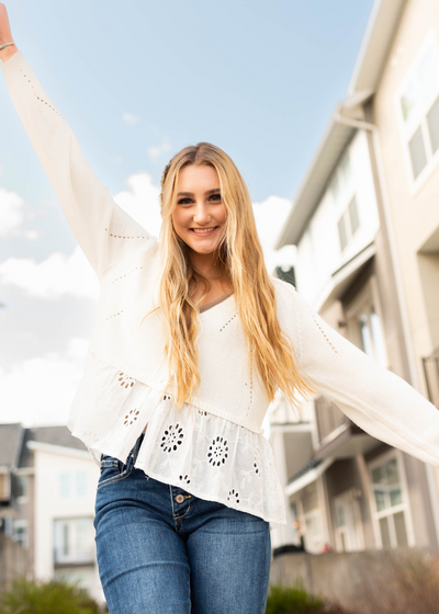 Button up off white cardigan with lace ruffle hem