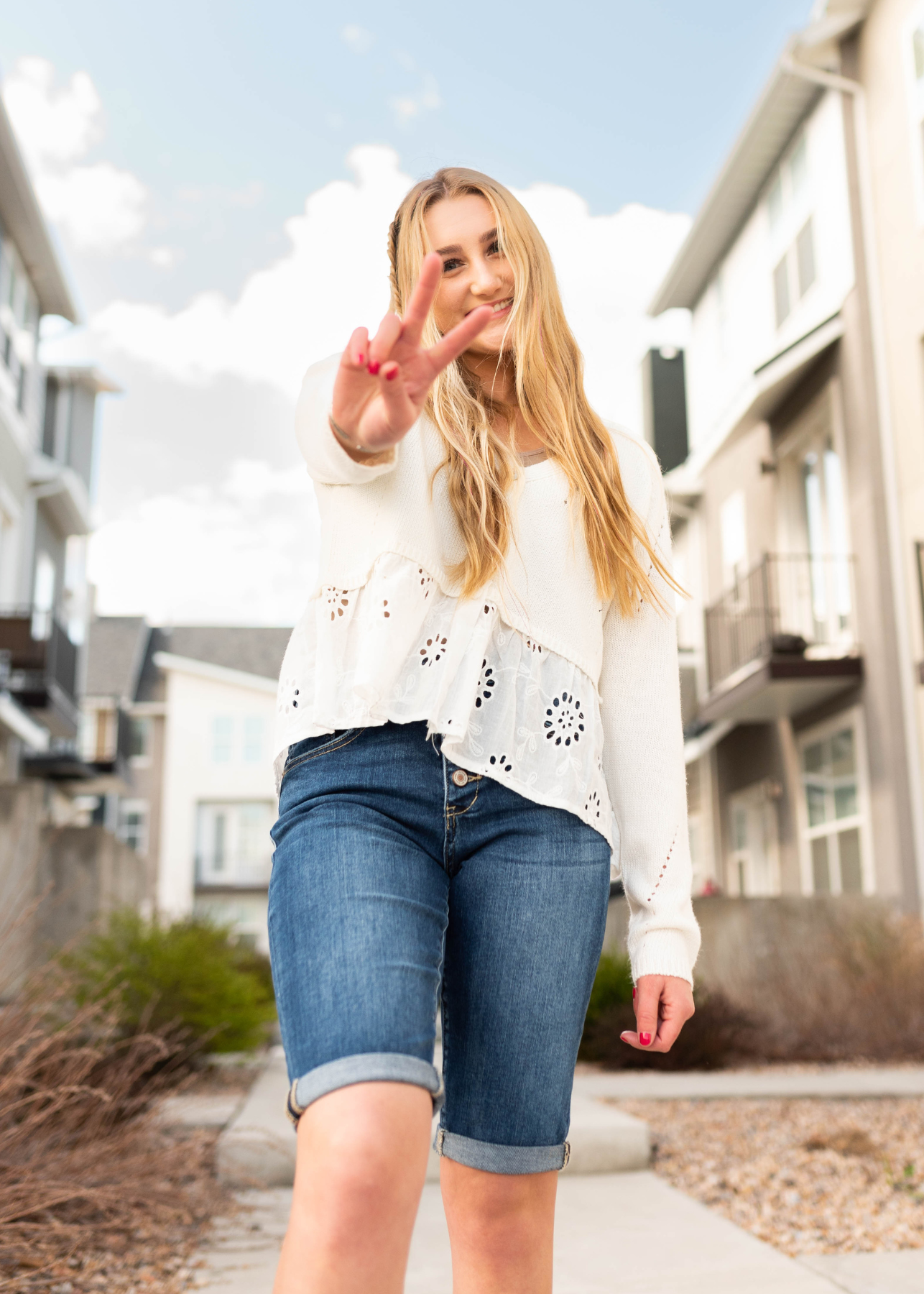 Off white cardigan with a v-neck button up and lace trim