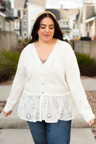 Plus size off white cardigan with eyelet lace ruffle on the hem