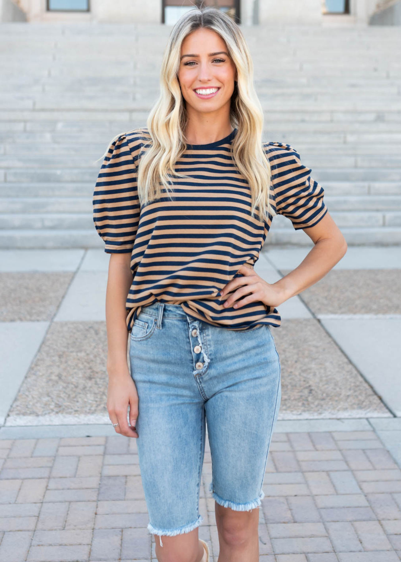 Short sleeve navy camel stirpe top