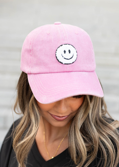 Pink sherpa happy face hat