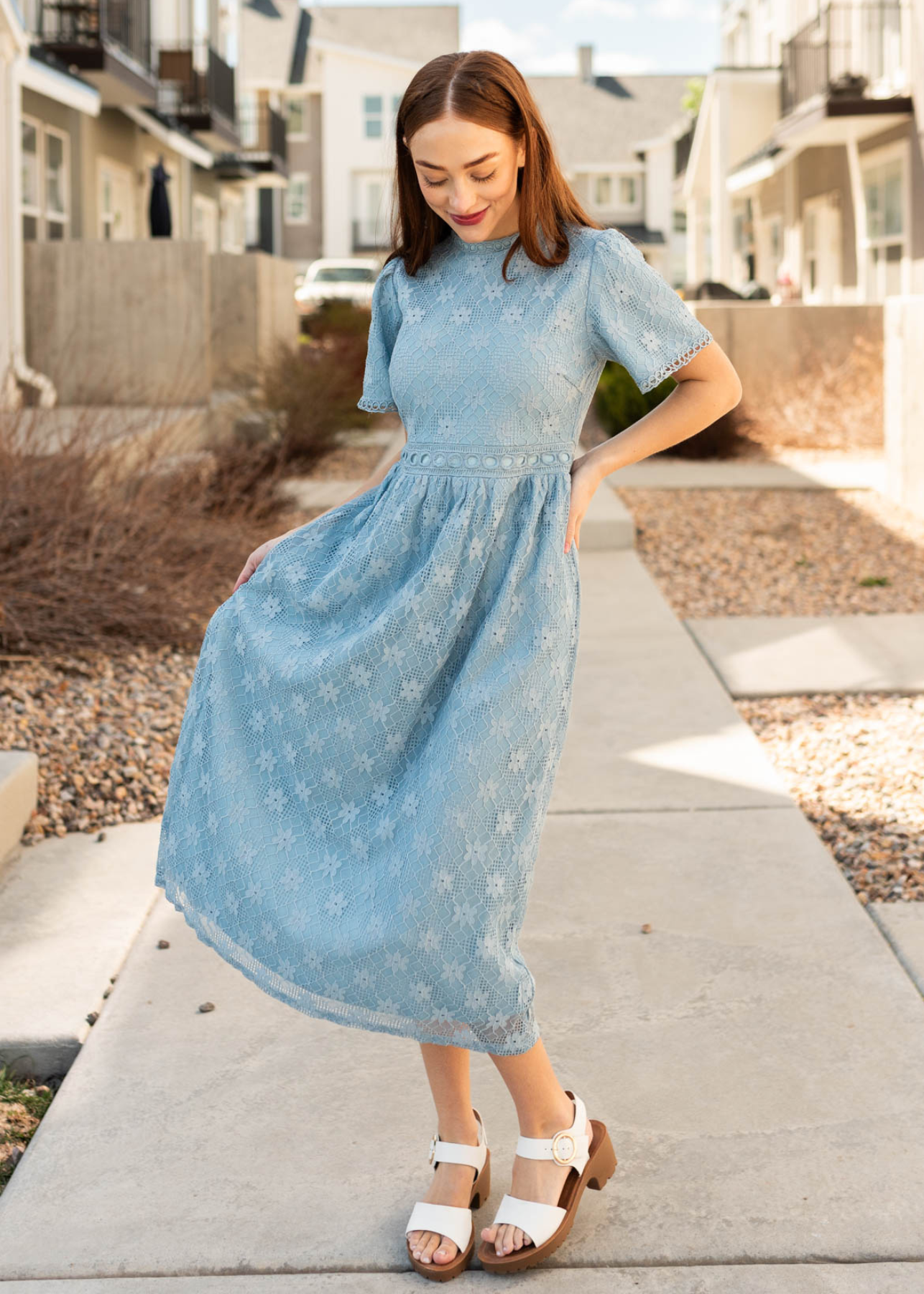 Dusty blue corded lace dress