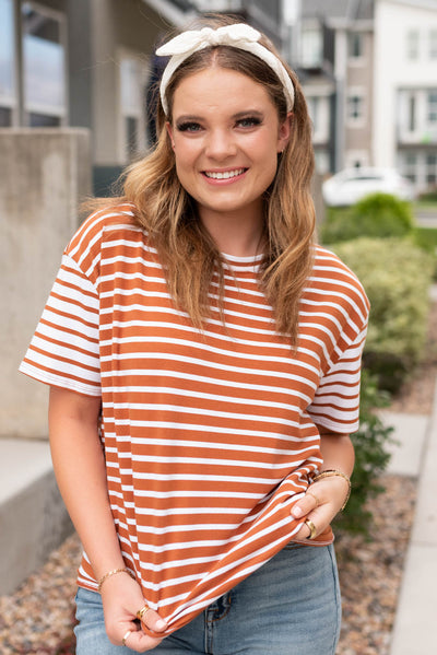 Copper stripe top with contrasting sleeves