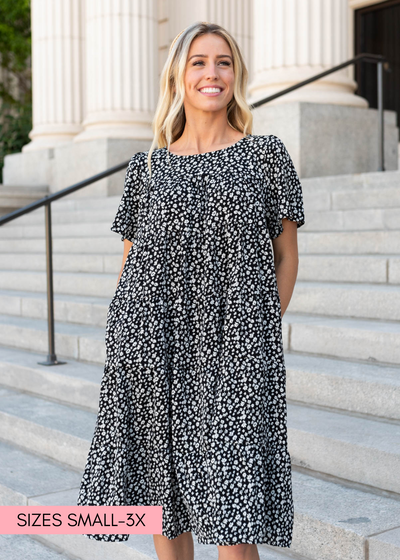 Black ditsy floral dress with short sleeves