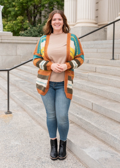 Long sleeve plus size color block rust cardigan