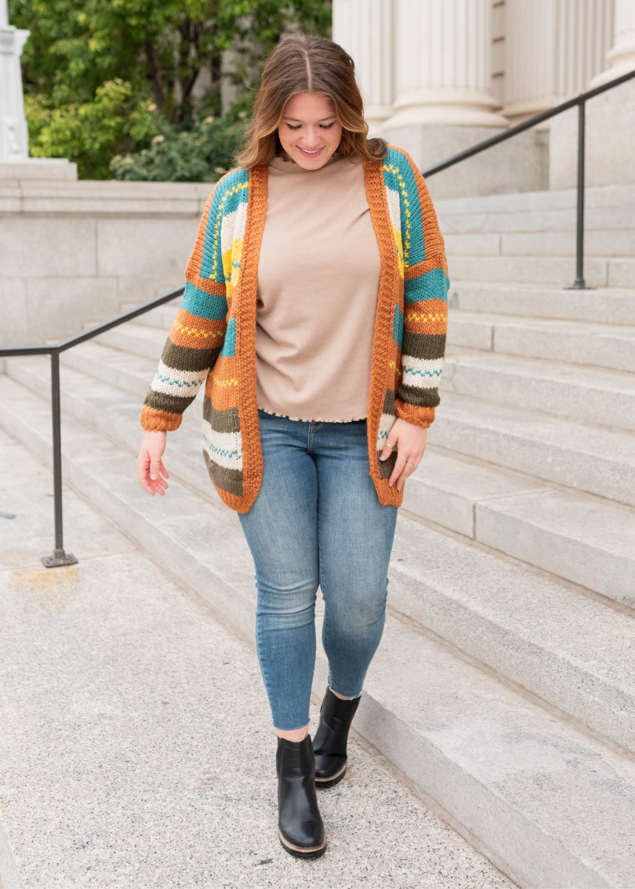 Plus size color block rust cardigan