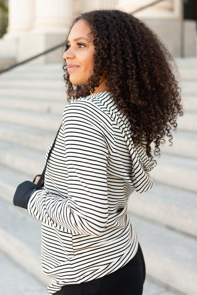 Side view of the black stripe hoodie