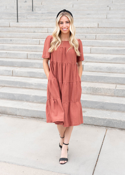 Marsala textured dress with pockets