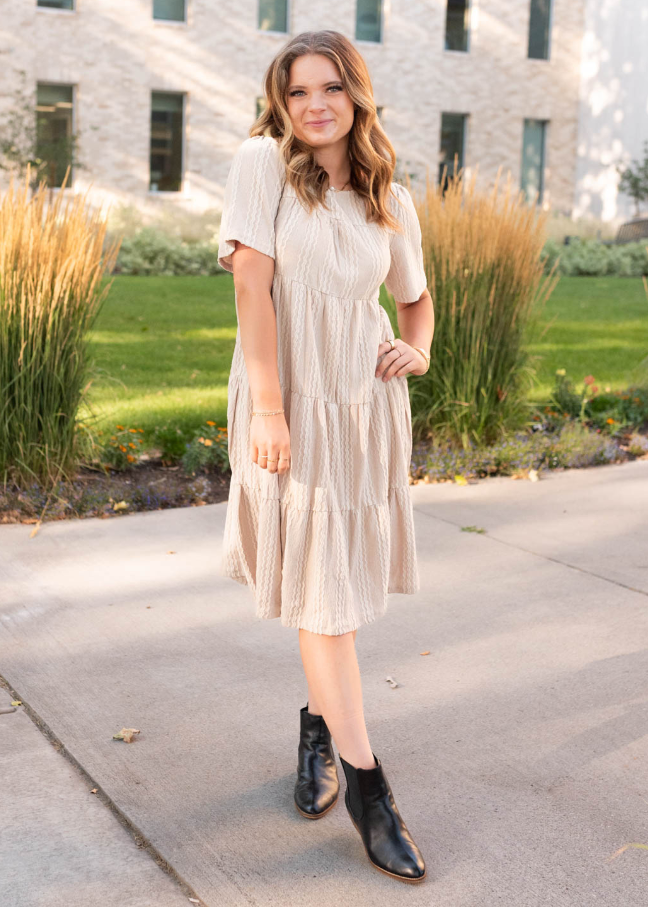 Tan textured dress with short sleeves