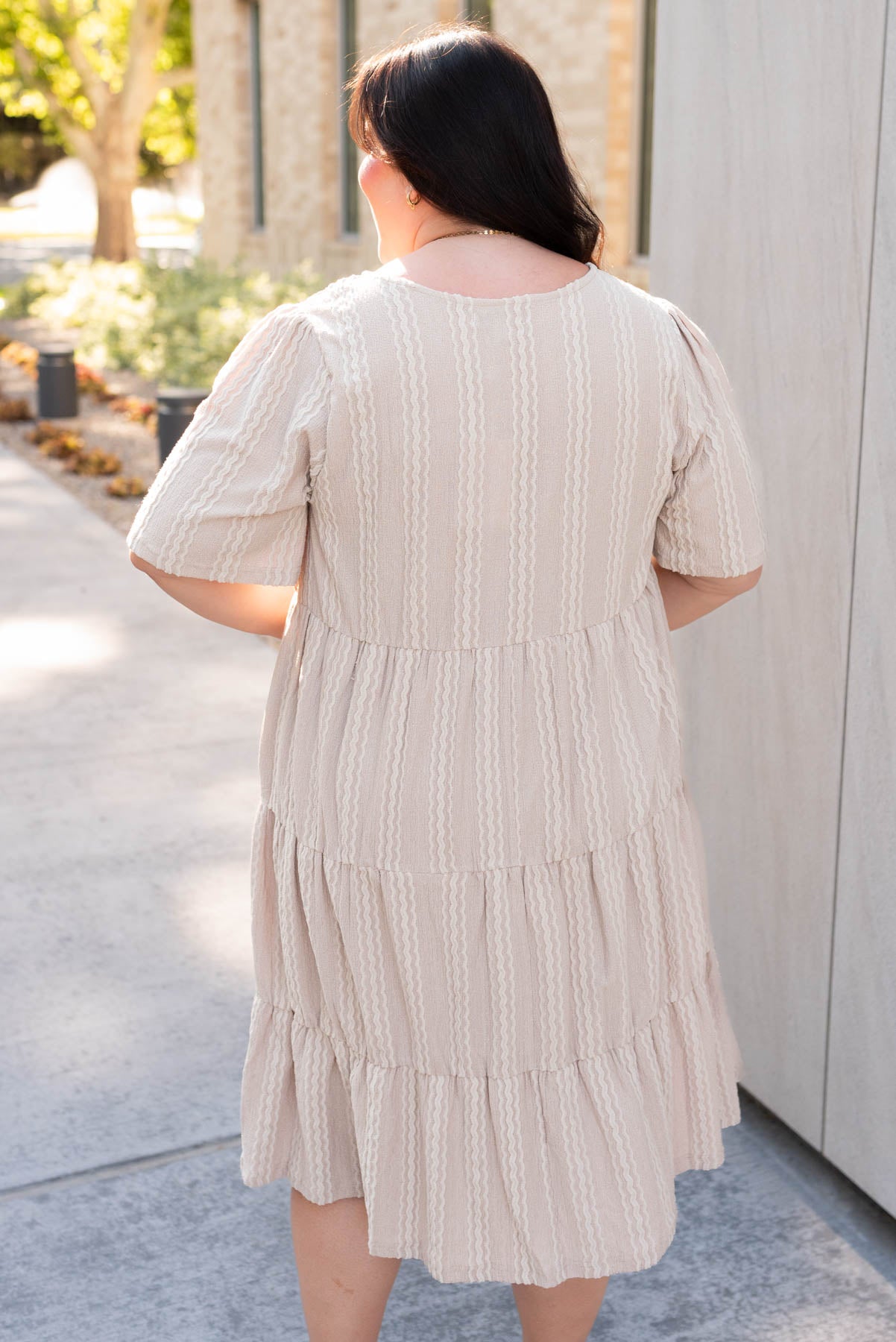 Back view of the plus size tan textured dress