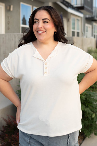 Short sleeve cream waffle knit top