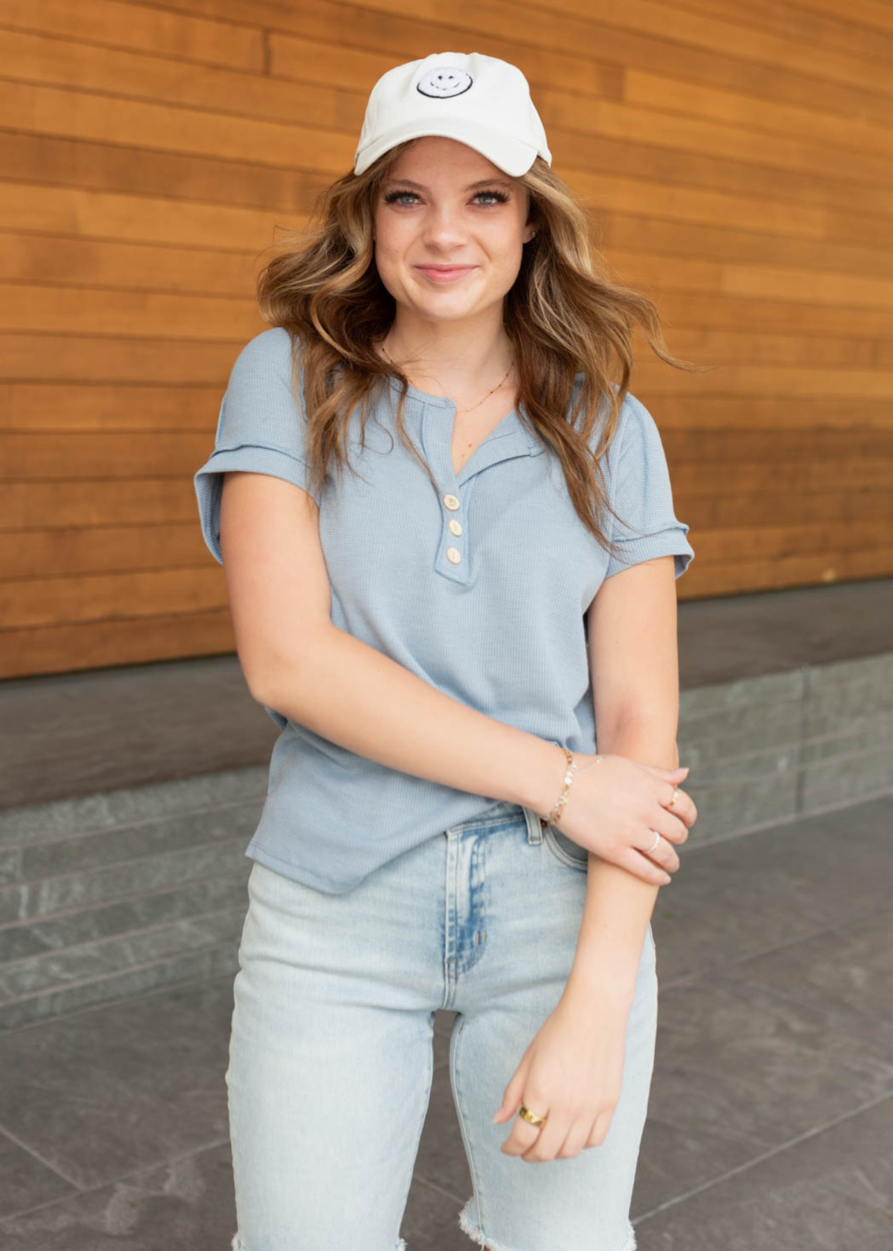 Vintage blue waffle knit top with short sleeves