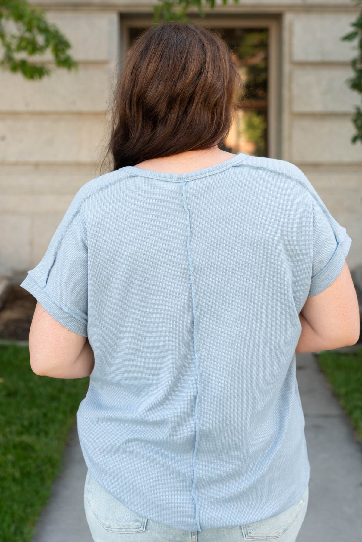 Back view of the plus size vivtage blue waffle knit top