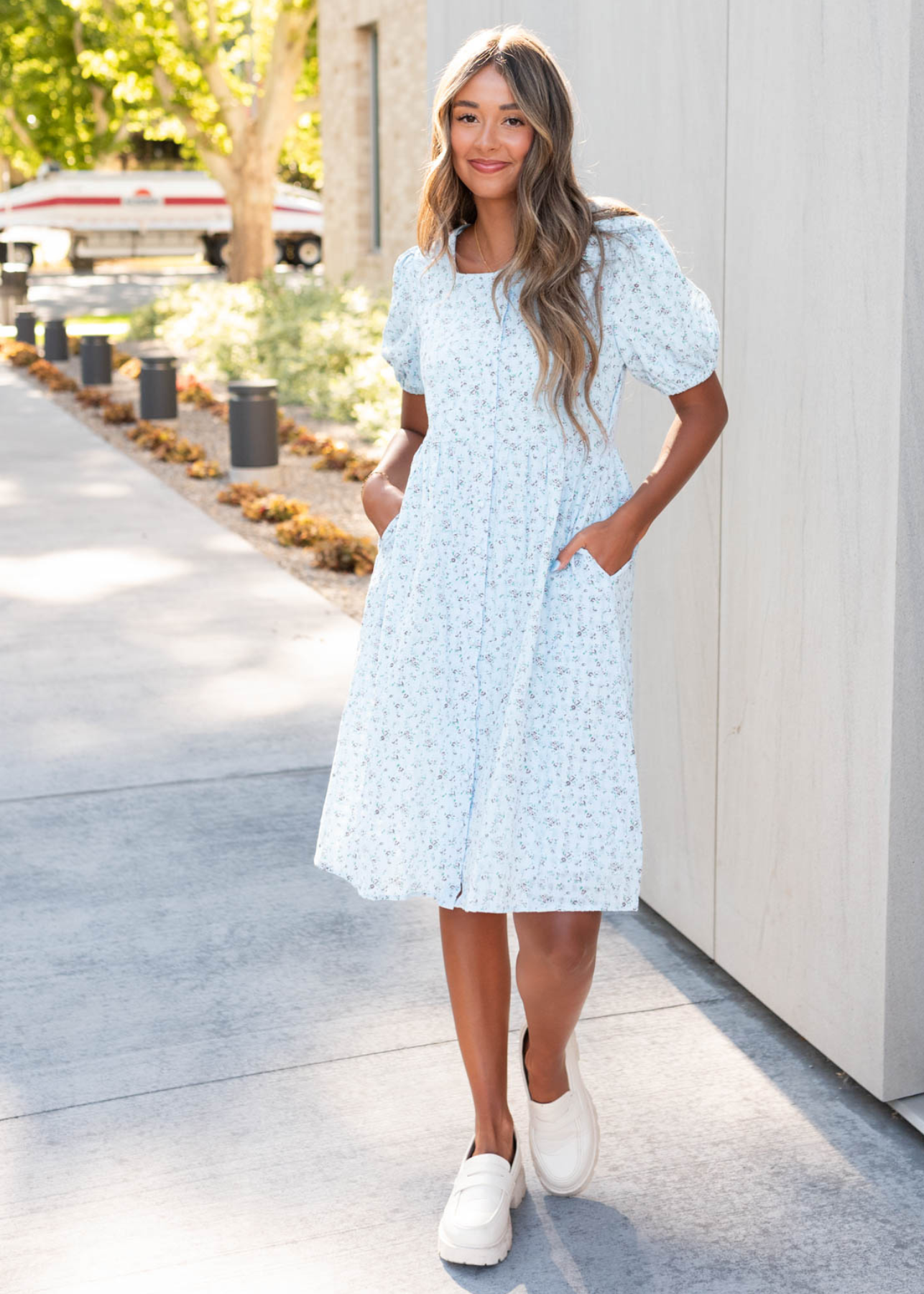 Light blue floral dress with pockets