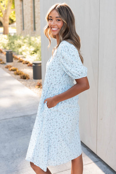 Side view of the light blue floral dress