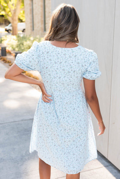 Back view of the light blue floral dress