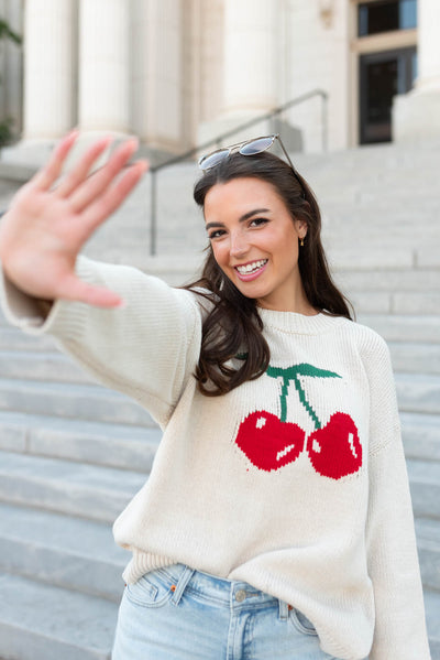 Small oatmeal cherry sweater