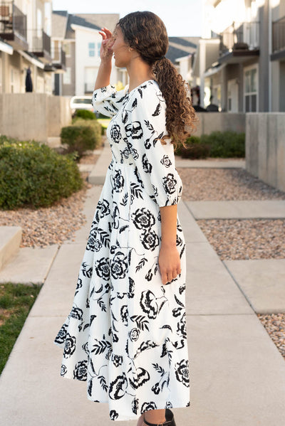 Side view of the white floral tiered dress