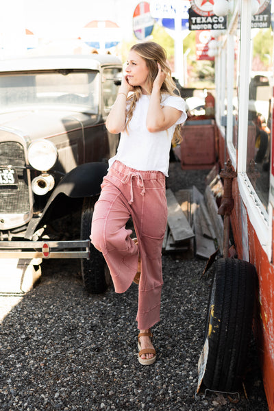 Patchwork mauve pants with pockets.